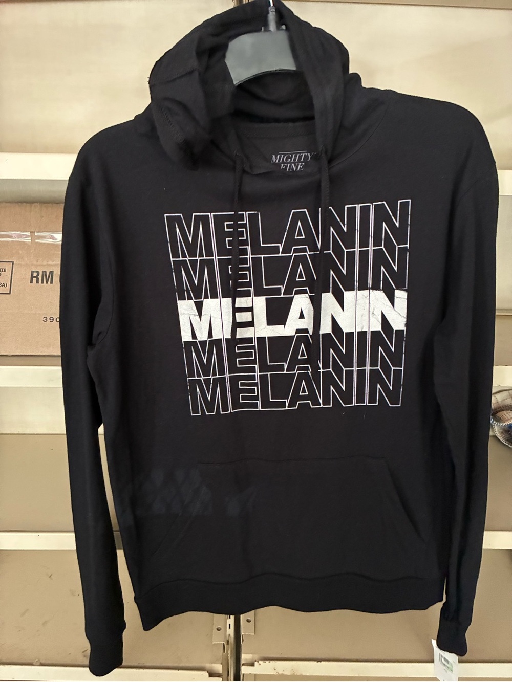 Mighty Fine Black Zip-Up Hoodie with White 'Melanin' Graphic